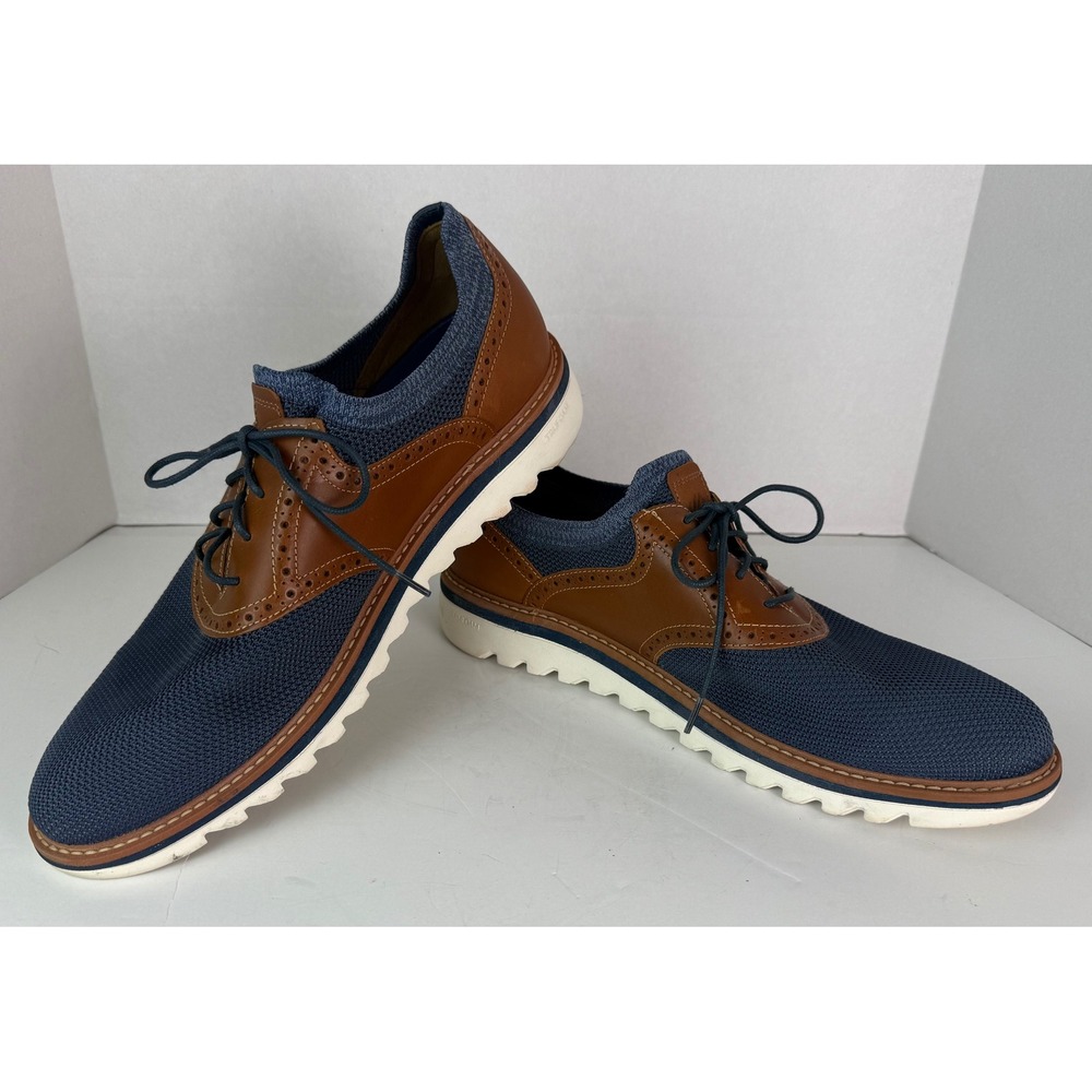 JOHNSTON & MURPHY Braydon Knit Saddle Dress Sneakers Mens Sz 11M Navy/Tan Preppy - Picture 2 of 12